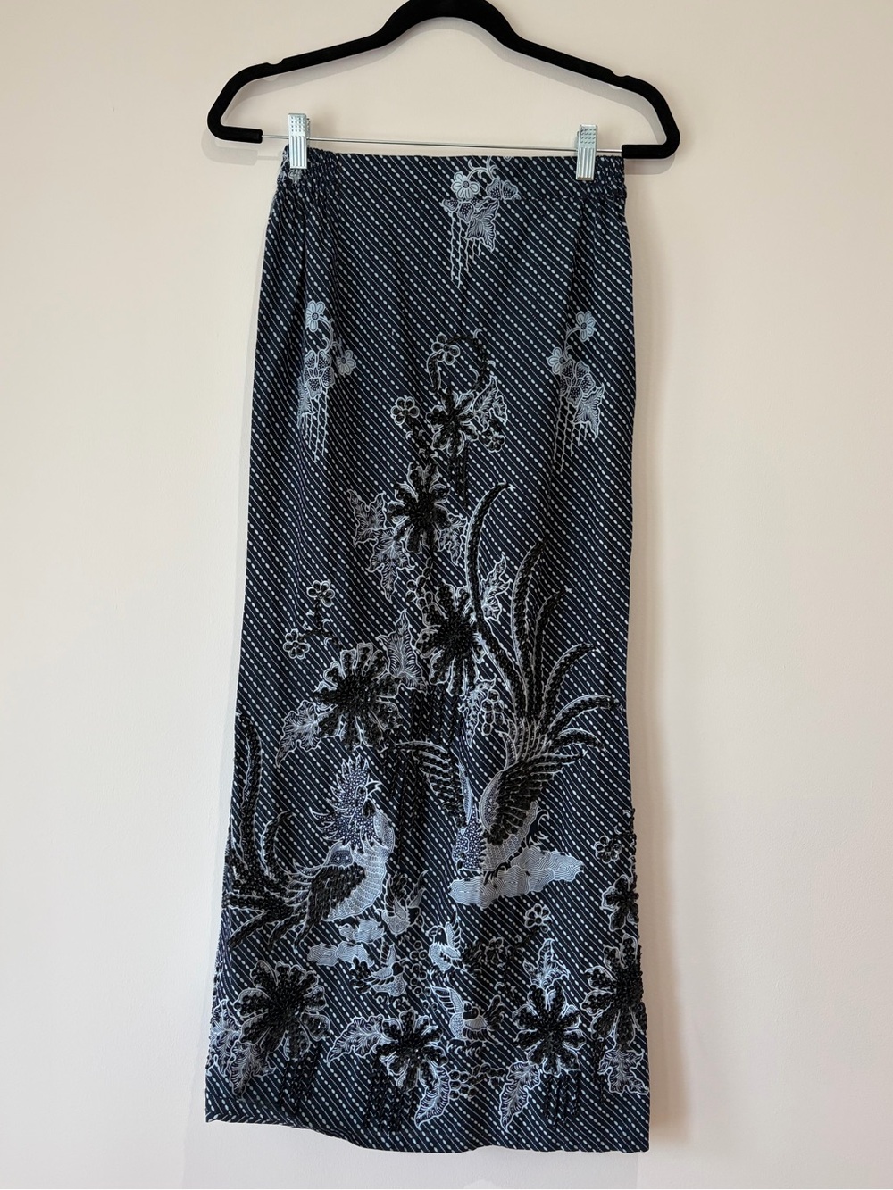 One of a kind Vintage Hand Beaded Embroidered black Floral & Bird Maxi skirt
